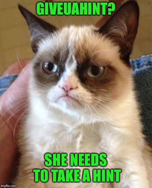 Grumpy Cat Meme | GIVEUAHINT? SHE NEEDS TO TAKE A HINT | image tagged in memes,grumpy cat | made w/ Imgflip meme maker