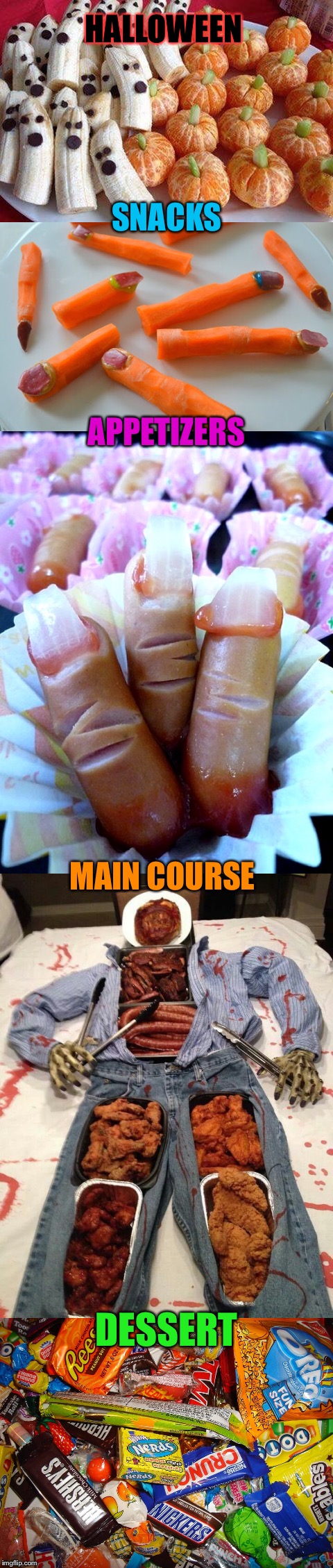 How to do a Halloween Feast | HALLOWEEN; SNACKS; APPETIZERS; MAIN COURSE; DESSERT | image tagged in halloween,food,ideas,memes,funny memes | made w/ Imgflip meme maker