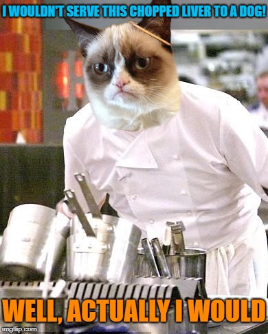 Grumpy Chef Ramsey  | I WOULDN'T SERVE THIS CHOPPED LIVER TO A DOG! WELL, ACTUALLY I WOULD | image tagged in funny memes,grumpy cat weekend,angry chef gordon ramsay,grumpy cat | made w/ Imgflip meme maker