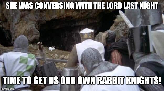 Python | SHE WAS CONVERSING WITH THE LORD LAST NIGHT; TIME TO GET US OUR OWN RABBIT KNIGHTS! | image tagged in monty python,purple fox hardcore | made w/ Imgflip meme maker