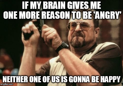 Am I The Only One Around Here | IF MY BRAIN GIVES ME ONE MORE REASON TO BE 'ANGRY'; NEITHER ONE OF US IS GONNA BE HAPPY | image tagged in memes,am i the only one around here | made w/ Imgflip meme maker