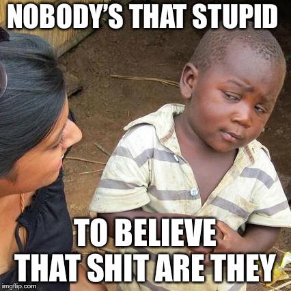 Third World Skeptical Kid Meme | NOBODY’S THAT STUPID TO BELIEVE THAT SHIT ARE THEY | image tagged in memes,third world skeptical kid | made w/ Imgflip meme maker