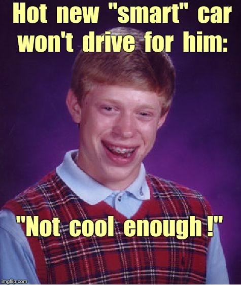 Brian's "Smart" Car | Hot  new  "smart"  car; won't  drive  for  him:; "Not  cool  enough !" | image tagged in memes,bad luck brian,smart car | made w/ Imgflip meme maker