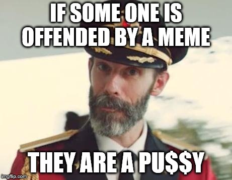 IF SOME ONE IS OFFENDED BY A MEME THEY ARE A PU$$Y | image tagged in captain obvious | made w/ Imgflip meme maker