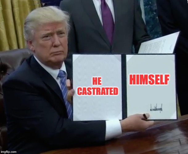 Trump Bill Signing Meme | HE CASTRATED HIMSELF | image tagged in memes,trump bill signing | made w/ Imgflip meme maker