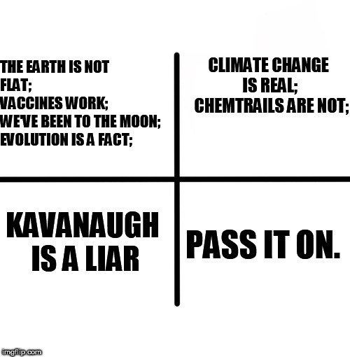Pass it on | CLIMATE CHANGE IS REAL; 
CHEMTRAILS ARE NOT;; THE EARTH IS NOT FLAT; 
            VACCINES WORK;      
WE'VE BEEN TO THE MOON;
 EVOLUTION IS A FACT;; PASS IT ON. KAVANAUGH IS A LIAR | image tagged in political meme | made w/ Imgflip meme maker