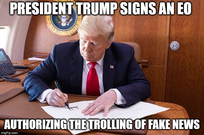 PRESIDENT TRUMP SIGNS AN EO; AUTHORIZING THE TROLLING OF FAKE NEWS | made w/ Imgflip meme maker