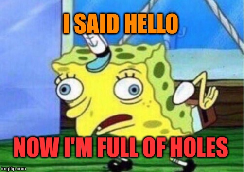 Mocking Spongebob Meme | I SAID HELLO NOW I'M FULL OF HOLES | image tagged in memes,mocking spongebob | made w/ Imgflip meme maker