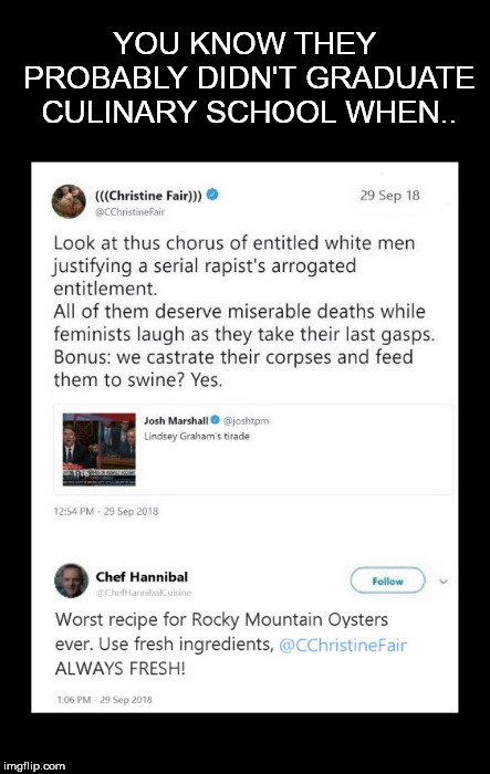 YOU KNOW THEY PROBABLY DIDN'T GRADUATE CULINARY SCHOOL WHEN.. | image tagged in about your culinary skills,banned from twitter,professor christine fair,chef hannibal lecter,funny | made w/ Imgflip meme maker