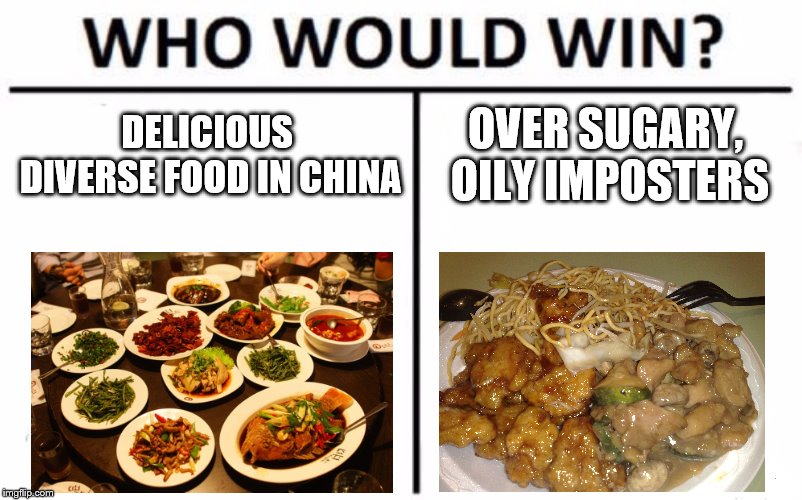 Who Would Win? Meme | DELICIOUS DIVERSE FOOD IN CHINA; OVER SUGARY, OILY IMPOSTERS | image tagged in memes,who would win | made w/ Imgflip meme maker