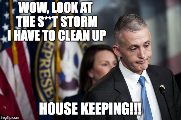 Trey Gowdy | WOW, LOOK AT THE S**T STORM I HAVE TO CLEAN UP; HOUSE KEEPING!!! | image tagged in trey gowdy | made w/ Imgflip meme maker