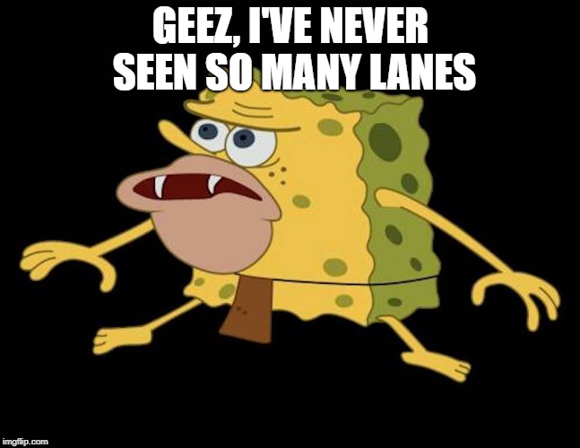 Spongegar | GEEZ, I'VE NEVER SEEN SO MANY LANES | image tagged in spongegar | made w/ Imgflip meme maker