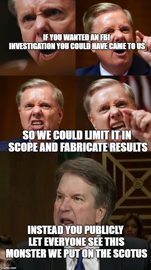 IF YOU WANTED AN FBI INVESTIGATION YOU COULD HAVE CAME TO US; SO WE COULD LIMIT IT IN SCOPE AND FABRICATE RESULTS; INSTEAD YOU PUBLICLY LET EVERYONE SEE THIS MONSTER WE PUT ON THE SCOTUS | image tagged in MarchAgainstTrump | made w/ Imgflip meme maker