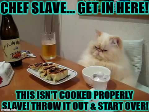 CHEF SLAVE... GET IN HERE! THIS ISN'T COOKED PROPERLY SLAVE! THROW IT OUT & START OVER! | image tagged in chef human-slave | made w/ Imgflip meme maker