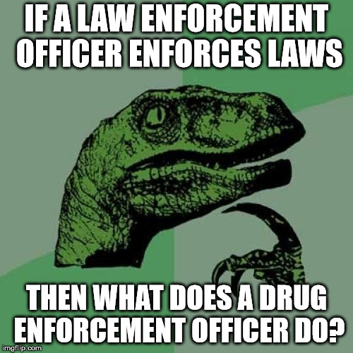 The LEO is a DEO for the DEA! | IF A LAW ENFORCEMENT OFFICER ENFORCES LAWS; THEN WHAT DOES A DRUG ENFORCEMENT OFFICER DO? | image tagged in memes,philosoraptor | made w/ Imgflip meme maker