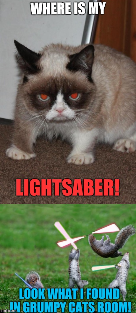 Grump cats lightsaber | WHERE IS MY; LIGHTSABER! LOOK WHAT I FOUND IN GRUMPY CATS ROOM! | image tagged in memes | made w/ Imgflip meme maker