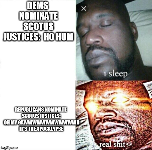 Sleeping Shaq Meme | DEMS NOMINATE SCOTUS JUSTICES:  HO HUM REPUBLICANS NOMINATE SCOTUS JUSTICES:  OH MY
GAWWWWWWWWWWWWD IT'S THE APOCALYPSE | image tagged in memes,sleeping shaq | made w/ Imgflip meme maker