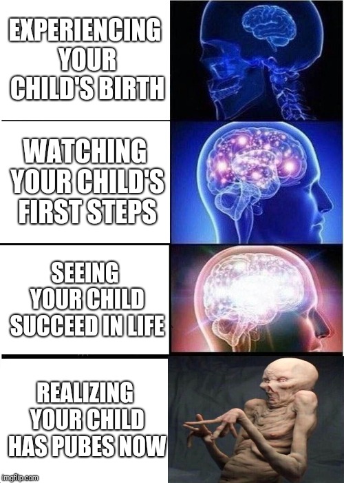 Expanding Brain Meme | EXPERIENCING YOUR CHILD'S BIRTH; WATCHING YOUR CHILD'S FIRST STEPS; SEEING YOUR CHILD SUCCEED IN LIFE; REALIZING YOUR CHILD HAS PUBES NOW | image tagged in memes,expanding brain | made w/ Imgflip meme maker