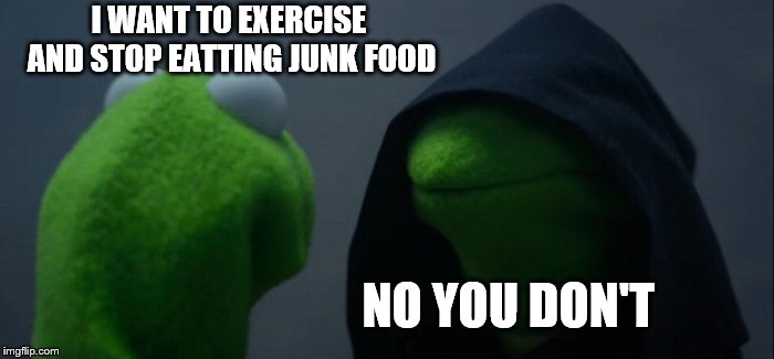 Evil Kermit | I WANT TO EXERCISE AND STOP EATTING JUNK FOOD; NO YOU DON'T | image tagged in memes,evil kermit | made w/ Imgflip meme maker