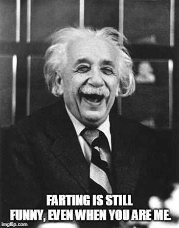 Einstein laugh |  FARTING IS STILL FUNNY, EVEN WHEN YOU ARE ME. | image tagged in einstein laugh | made w/ Imgflip meme maker