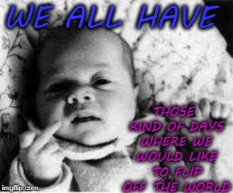 THOSE KIND OF DAYS WHERE WE WOULD LIKE TO FLIP OFF THE WORLD; WE ALL HAVE | image tagged in baby,middle finger | made w/ Imgflip meme maker