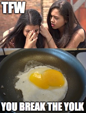 Don't break your egg yolk | TFW; YOU BREAK THE YOLK | image tagged in food,eggs,that feeling when | made w/ Imgflip meme maker