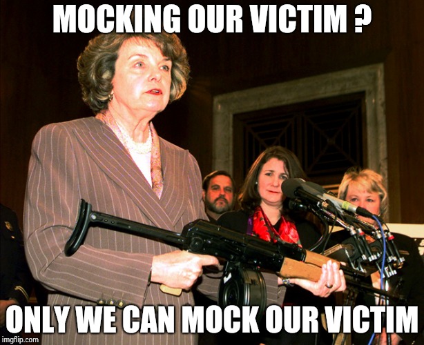 Diane Feinstein AK47 | MOCKING OUR VICTIM ? ONLY WE CAN MOCK OUR VICTIM | image tagged in diane feinstein ak47 | made w/ Imgflip meme maker