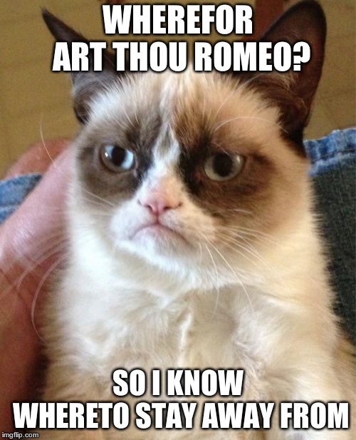 Grumpy Cat Meme | WHEREFOR ART THOU ROMEO? SO I KNOW WHERETO STAY AWAY FROM | image tagged in memes,grumpy cat | made w/ Imgflip meme maker