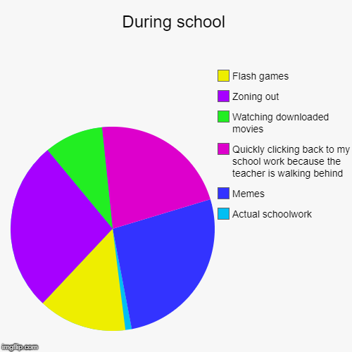 I'm so productive! :D | During school | Actual schoolwork, Memes, Quickly clicking back to my school work because the teacher is walking behind, Watching downloaded | image tagged in funny,pie charts,school,class,college,memes | made w/ Imgflip chart maker