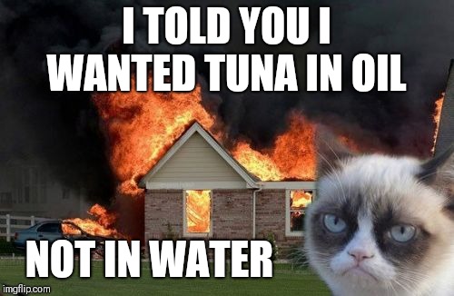 Grumpy Cat Weekend Oct 5th-8th (A Socrates and craziness_all_the_way event) | I TOLD YOU I WANTED TUNA IN OIL; NOT IN WATER | image tagged in memes,burn kitty,grumpy cat,grumpy cat weekend | made w/ Imgflip meme maker