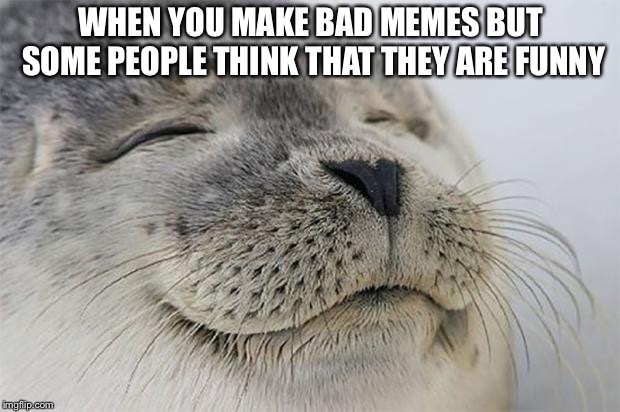 Satisfied Seal | WHEN YOU MAKE BAD MEMES BUT SOME PEOPLE THINK THAT THEY ARE FUNNY | image tagged in memes,satisfied seal | made w/ Imgflip meme maker