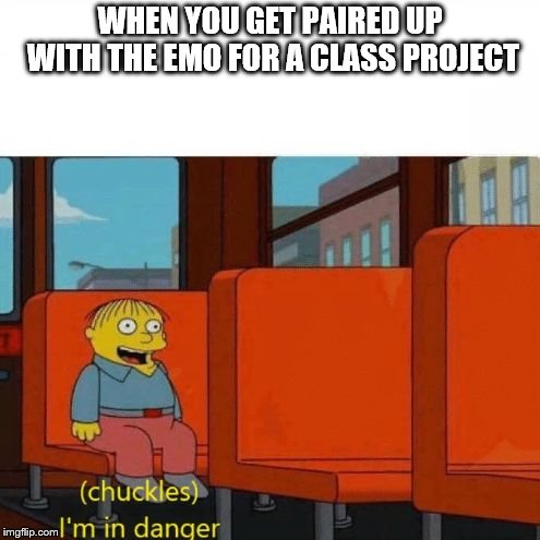 Chuckles, I’m in danger | WHEN YOU GET PAIRED UP WITH THE EMO FOR A CLASS PROJECT | image tagged in chuckles i’m in danger | made w/ Imgflip meme maker
