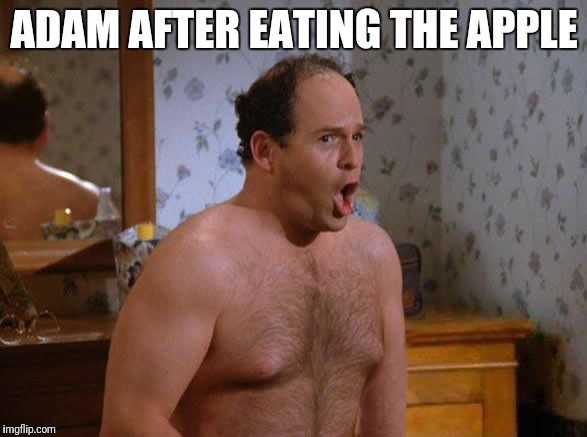 seinfeld george | ADAM AFTER EATING THE APPLE | image tagged in seinfeld george | made w/ Imgflip meme maker