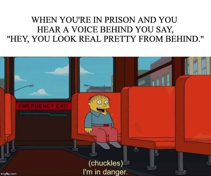 Don't get arrested! | WHEN YOU'RE IN PRISON AND YOU HEAR A VOICE BEHIND YOU SAY, "HEY, YOU LOOK REAL PRETTY FROM BEHIND." | image tagged in i'm in danger  blank place above,prison,oh no | made w/ Imgflip meme maker