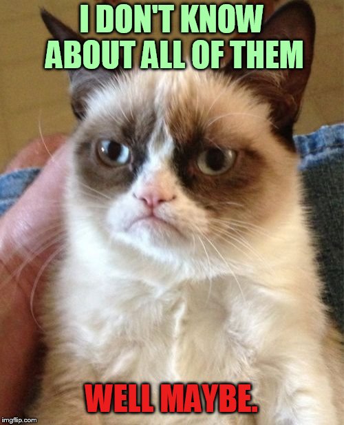 Grumpy Cat Meme | I DON'T KNOW ABOUT ALL OF THEM WELL MAYBE. | image tagged in memes,grumpy cat | made w/ Imgflip meme maker