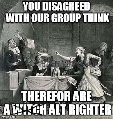 social justice inquisitors be like | YOU DISAGREED WITH OUR GROUP THINK; THEREFOR ARE A WITCH ALT RIGHTER | image tagged in witch trial | made w/ Imgflip meme maker