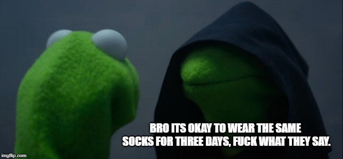Evil Kermit Meme | BRO ITS OKAY TO WEAR THE SAME SOCKS FOR THREE DAYS, FUCK WHAT THEY SAY. | image tagged in memes,evil kermit | made w/ Imgflip meme maker