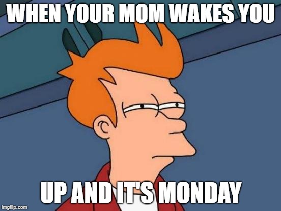Futurama Fry Meme | WHEN YOUR MOM WAKES YOU; UP AND IT'S MONDAY | image tagged in memes,futurama fry | made w/ Imgflip meme maker