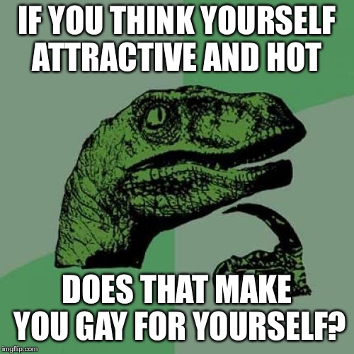 Self centered or Self gay? (P.s. This is rhetorical. Just looking for banter...or even candor, if this applies to you.) | IF YOU THINK YOURSELF ATTRACTIVE AND HOT; DOES THAT MAKE YOU GAY FOR YOURSELF? | image tagged in memes,philosoraptor | made w/ Imgflip meme maker