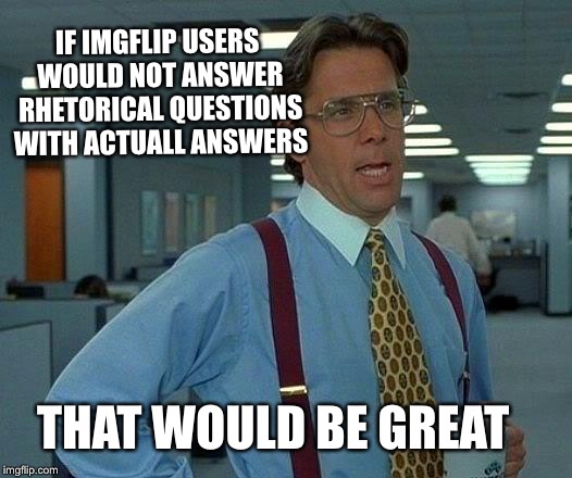 Some people take this web site way too seriously.  | IF IMGFLIP USERS WOULD NOT ANSWER RHETORICAL QUESTIONS WITH ACTUALL ANSWERS; THAT WOULD BE GREAT | image tagged in memes,that would be great | made w/ Imgflip meme maker