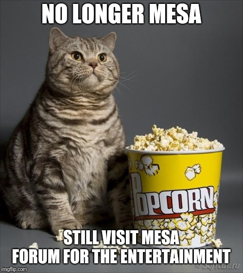 Cat eating popcorn | NO LONGER MESA; STILL VISIT MESA FORUM FOR THE ENTERTAINMENT | image tagged in cat eating popcorn | made w/ Imgflip meme maker