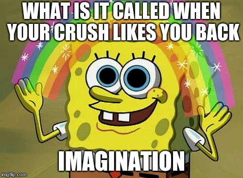 Imagination Spongebob Meme | WHAT IS IT CALLED WHEN YOUR CRUSH LIKES YOU BACK; IMAGINATION | image tagged in memes,imagination spongebob | made w/ Imgflip meme maker