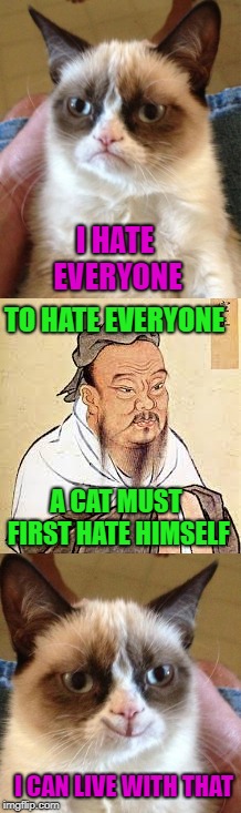 It's always good to be self aware... Grumpy Cat Weekend Oct 5-8 | I HATE EVERYONE; TO HATE EVERYONE; A CAT MUST FIRST HATE HIMSELF; I CAN LIVE WITH THAT | image tagged in grumpy cat,memes,confucius,funny,grumpy cat smiling,grumpy cat weekend | made w/ Imgflip meme maker