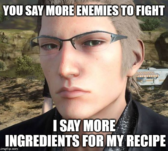Staring Ignis | YOU SAY MORE ENEMIES TO FIGHT; I SAY MORE INGREDIENTS FOR MY RECIPE | image tagged in staring ignis | made w/ Imgflip meme maker