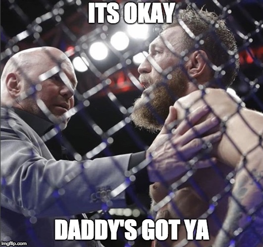 About To Cry McGregor | ITS OKAY; DADDY'S GOT YA | image tagged in conor mcgregor,dana white,ufc229 | made w/ Imgflip meme maker