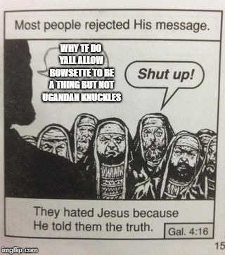 Meme logic | WHY TF DO YALL ALLOW BOWSETTE TO BE A THING BUT NOT UGANDAN KNUCKLES | image tagged in they hated jesus meme | made w/ Imgflip meme maker