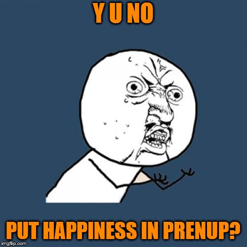 Y U No Meme | Y U NO PUT HAPPINESS IN PRENUP? | image tagged in memes,y u no | made w/ Imgflip meme maker