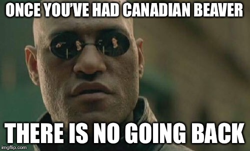 Matrix Morpheus Meme | ONCE YOU’VE HAD CANADIAN BEAVER THERE IS NO GOING BACK | image tagged in memes,matrix morpheus | made w/ Imgflip meme maker