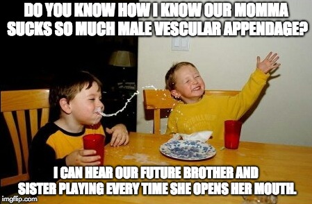 Yo Mamas So Fat | DO YOU KNOW HOW I KNOW OUR MOMMA SUCKS SO MUCH MALE VESCULAR APPENDAGE? I CAN HEAR OUR FUTURE BROTHER AND SISTER PLAYING EVERY TIME SHE OPENS HER MOUTH. | image tagged in memes,yo mamas so fat | made w/ Imgflip meme maker