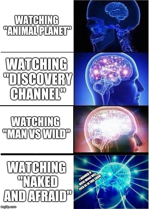 Expanding Brain | WATCHING "ANIMAL PLANET"; WATCHING "DISCOVERY CHANNEL"; WATCHING "MAN VS WILD"; WATCHING "NAKED AND AFRAID"; I WONDER IF NICKI MINAJ WILL EVER BE IN THIS SHOW | image tagged in memes,expanding brain | made w/ Imgflip meme maker